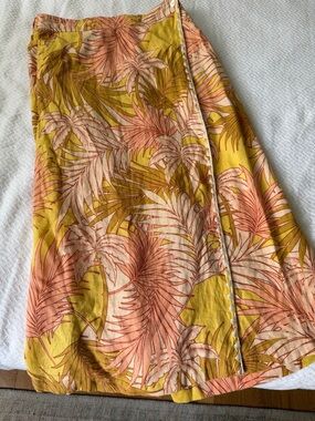 Tahari Palm-Print Wrap Midi Skirt in Mustard & Peach